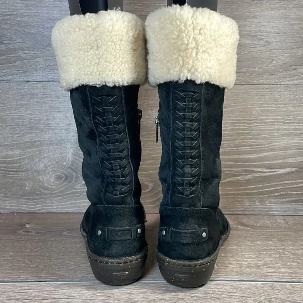 Ugg Karyn Black Suede Warm Shearling Cuff Women’s Sz 5 Zip Pull On Winter Boots